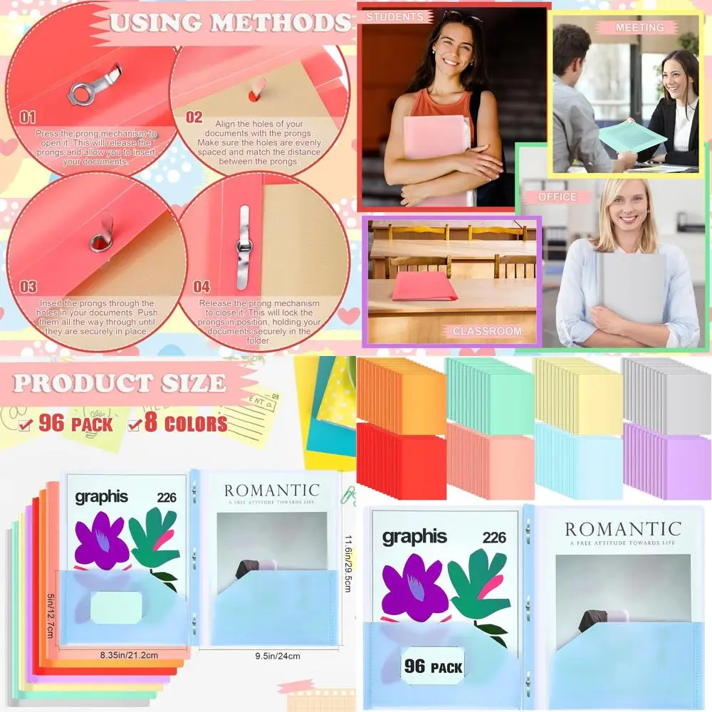 

Plastic Pocket Folders with Fasteners, 8 Colors, 3-Prong, Bulk Pack for Business, Office, School Supplies