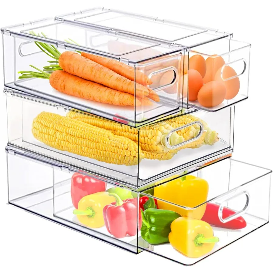 

Набор из 4 прозрачных ящиков для хранения, штабелируемый органайзер для ящиков для холодильника, контейнеры для хранения фруктов и овощей для кухонной кладовой