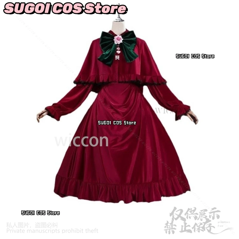 شين كو تأثيري أنيمي روزن البكر زي فستان أحمر مخملي لوليتا قبعة أغطية الرأس الباروكات للفتيات امرأة حفلة الهالوين مخصصة