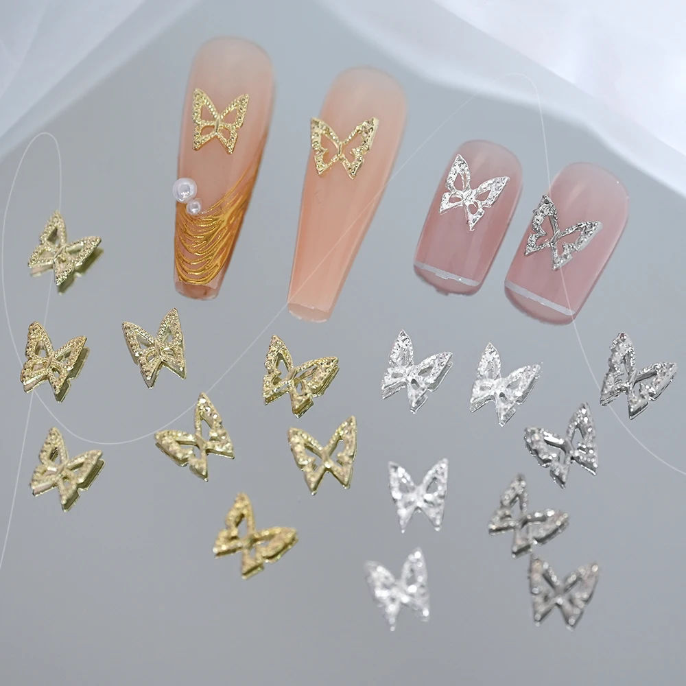 20Pcs 3D Gold Silver Hollow Butterfly Rhinestones Metal Butterfly Bowknot Nail Charms Luxury Bow Wings DIY Manicure Jewelry