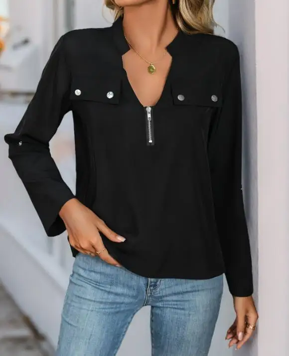 

Women Blouse 2026 Spring Autumn New Solid Color Half Zipper Design V-Neck Long Sleeve Loose Versatile Casual Pullover Shirt