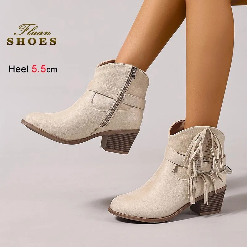 

Женские ботильоны на толстом каблуке с круглым носком, кожаные, с бахромой, на молнии сбоку, повседневные, в стиле рыцарских сапог