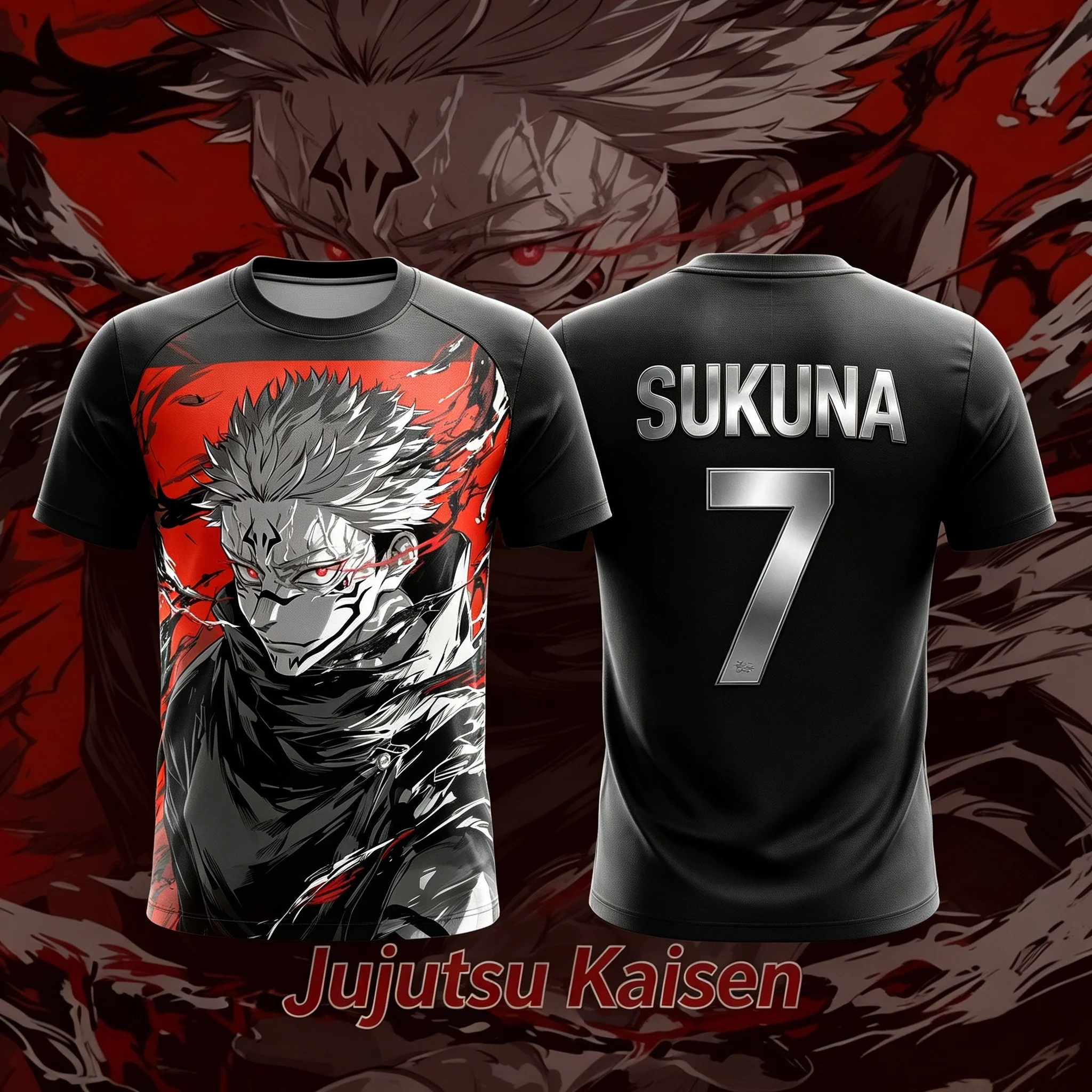 2026 Summer Jujutsu Kaisen Sukuna Black Red 3D Print Sports Jersey Oversized Anime Fan Tee