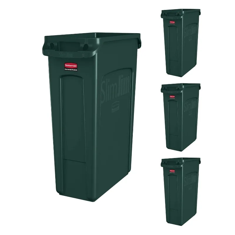 Commercial Products Slim Jim Trash/Garbage Can with Venting Channels, 23-Gallon, Green, for Kitchen/Office/Workspace, Pack of 4