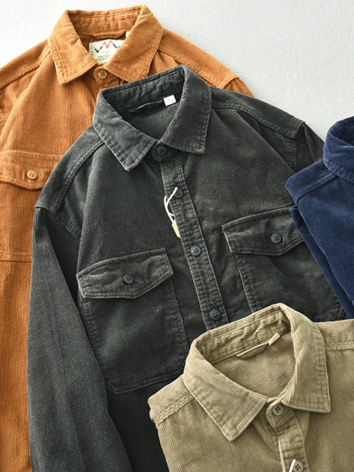 American vintage Heavy Amekaji Corduroy Men's Shirts Long sleeve Loose Cargo Bags Casual Shirt Outerwear XT34