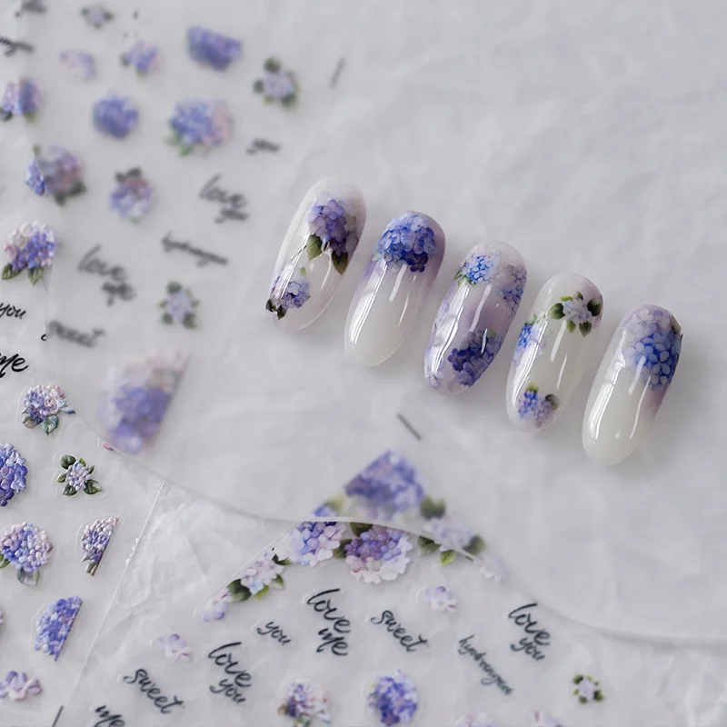 Fantasy Blue Purple Hydrangea 5D Embossed Tulip Self-Adhesive Nail Art Sticker High Quality Colorful Bouquet Nail Art Decal