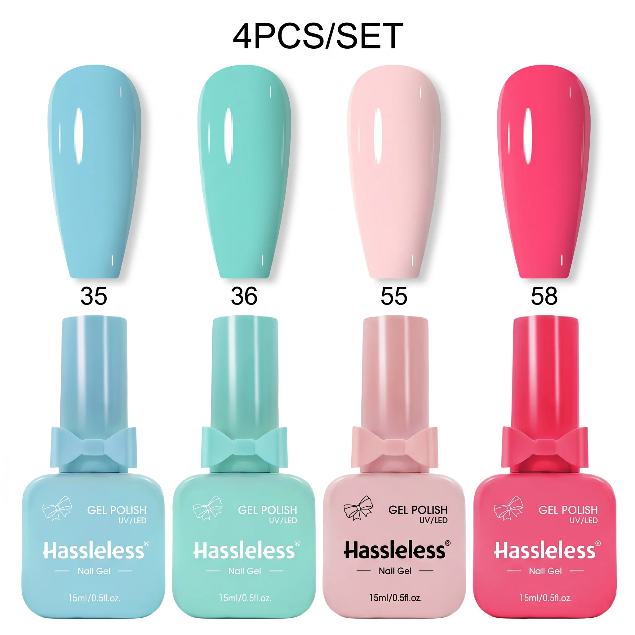 

Hassleless 4-piece solid color gel nail polish set, 15ml per bottle, semi-permanent, removable/LED gel nail polish, suitable for