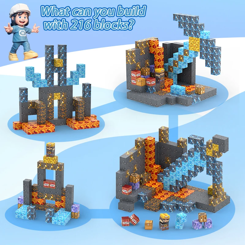 Hot Minecraft Magnetic Building Blocks-216 PCS Magnet World Sword&Pickaxe Mine Dark Caverns World Toys, Magnetic Toys for Girls