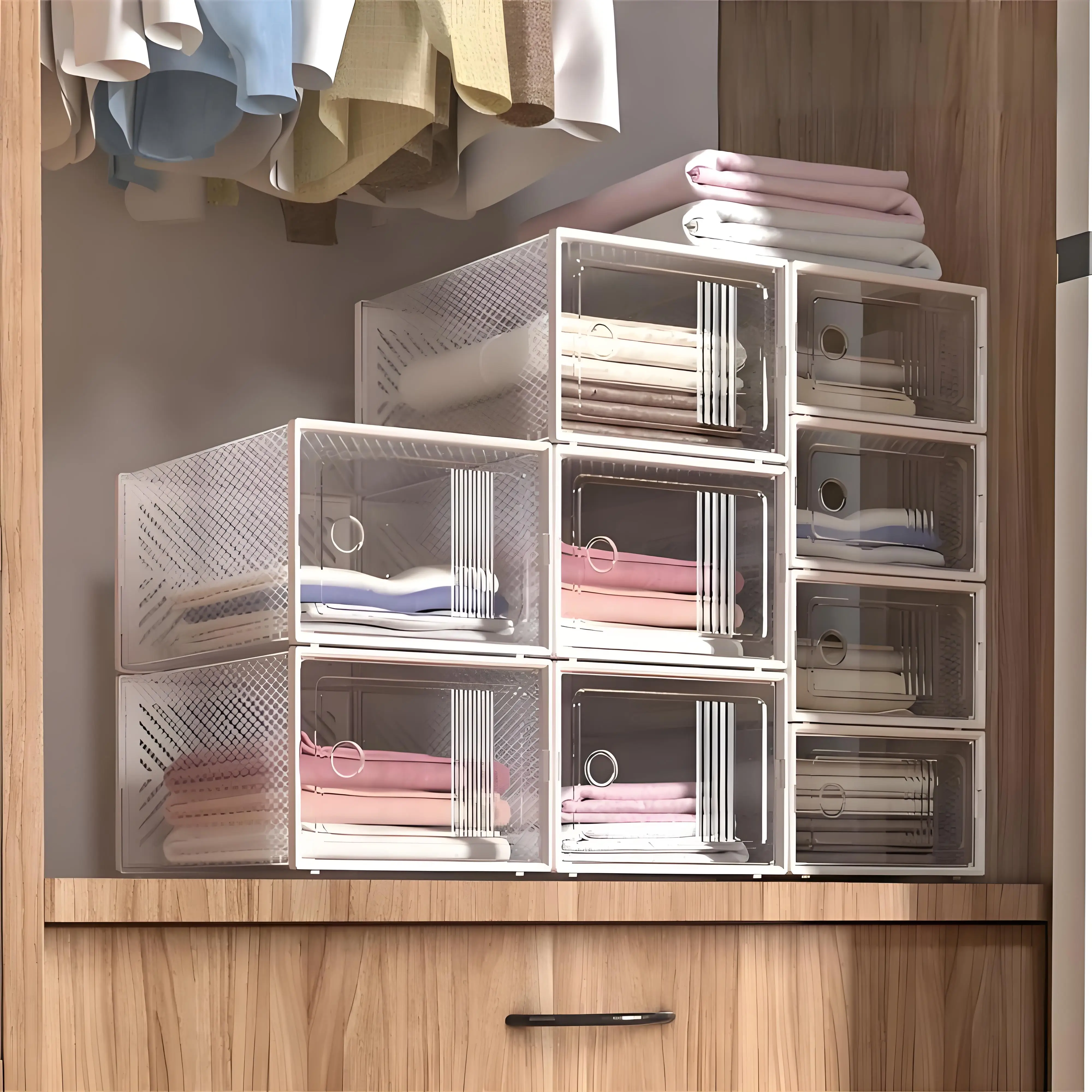 صندوق أحذية شفاف قابل للطي، صندوق تخزين سميك من البولي بروبيلين للأحذية والكتب والملابس، صناديق تنظيم قابلة للتنفس، إكسسوارات منزلية، 8 قطع