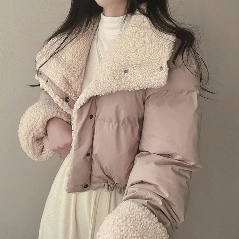 

2025 Woman Autumn Winter Single Breasted Jacket Stand Collar Drawstring Lamb Wool Splicing Thicked Outerwears Parkas