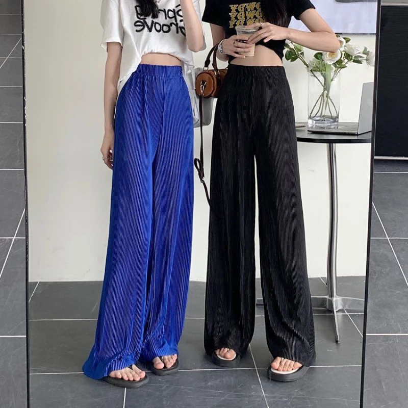 Ice Silk Elastic Waist Loose Casual Wide Leg Pants Summer New Solid Simplicity Fashion Straight Pants Trend Korean Women Clothes