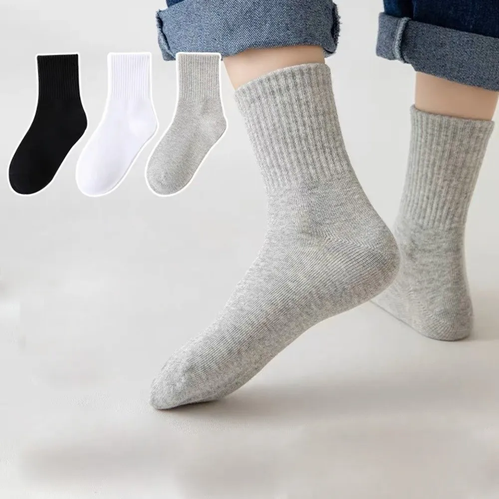 

3pairs 3 Pairs Cotton Socks Absorbing Sweat Soft Breathable Student Socks Cotton Material Solid Color Kids Socks For Boys Girls