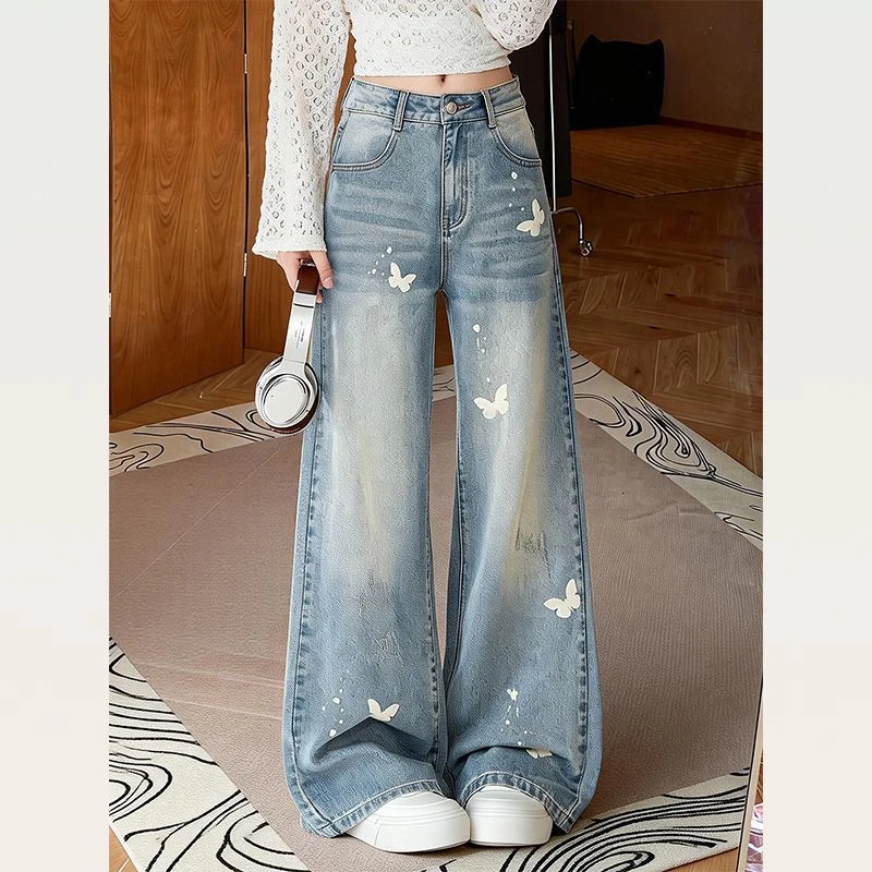 FINEWORDS High Waist Vintage Wide Leg Jeans For Women Butterfly Print Baggy Denim Trousers Y2K Streetwear Fashion Loose Fit Pant
