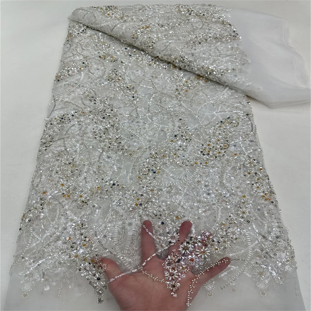 

Luxurious African Groom Sequins Lace Fabric High Quality 2024 Heavy Beads Embroidery French Tulle Lace Nigerian Wedding r-0425