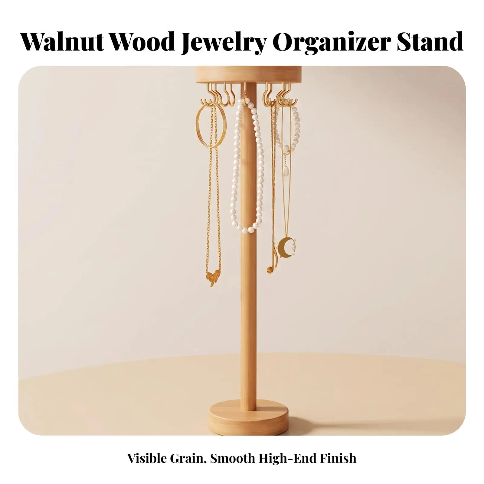 Wooden Necklace Display Stand for Jewelry Organizer Storage Rack with Gold Tone Metal Post and Hanging Hooks for Earrings - view 5