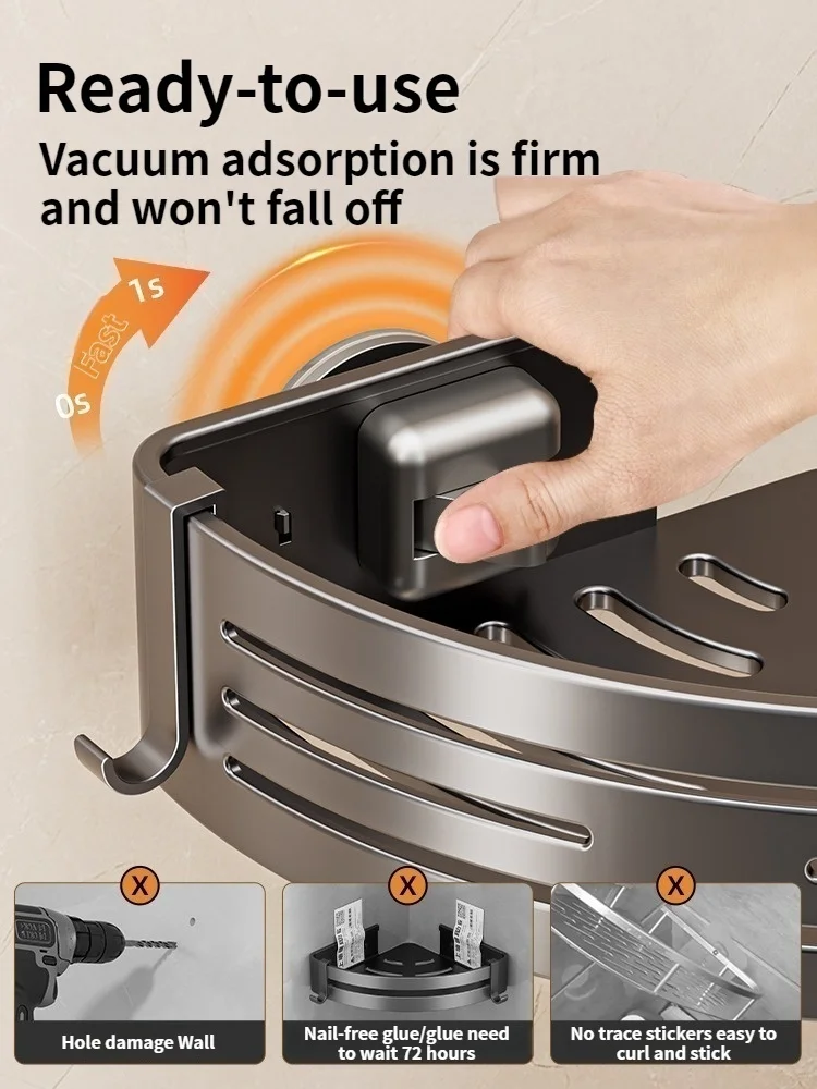 Suction Cup Perforation-Free Space Aluminum Bathroom Storage Shelf Bathroom Triangle Basket Wall Hanger Bathroom Corner Storage image 3