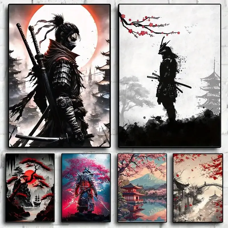 Japanese View Canvas Print Poster Swordsman Silhouette Scenery of Unique Mount Perfect Gift For Art Lovers Home Decor Unframed