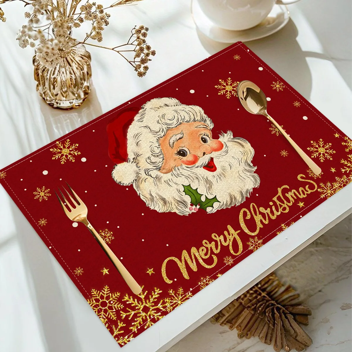 1/4pcs Linen Christmas Placemats Santa Claus Printed Christmas Decorations for Home Kitchen 2025 Xmas Navidad Noel Table Decor