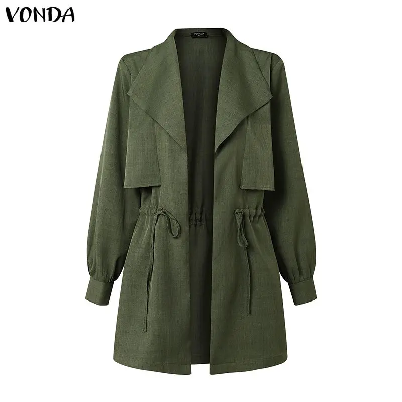 Plus Size Women Long Sleeve Coats Outwear VONDA Drawstring Waist Lapel Open Front Casual Office Solid Jackets Cardigan Thin