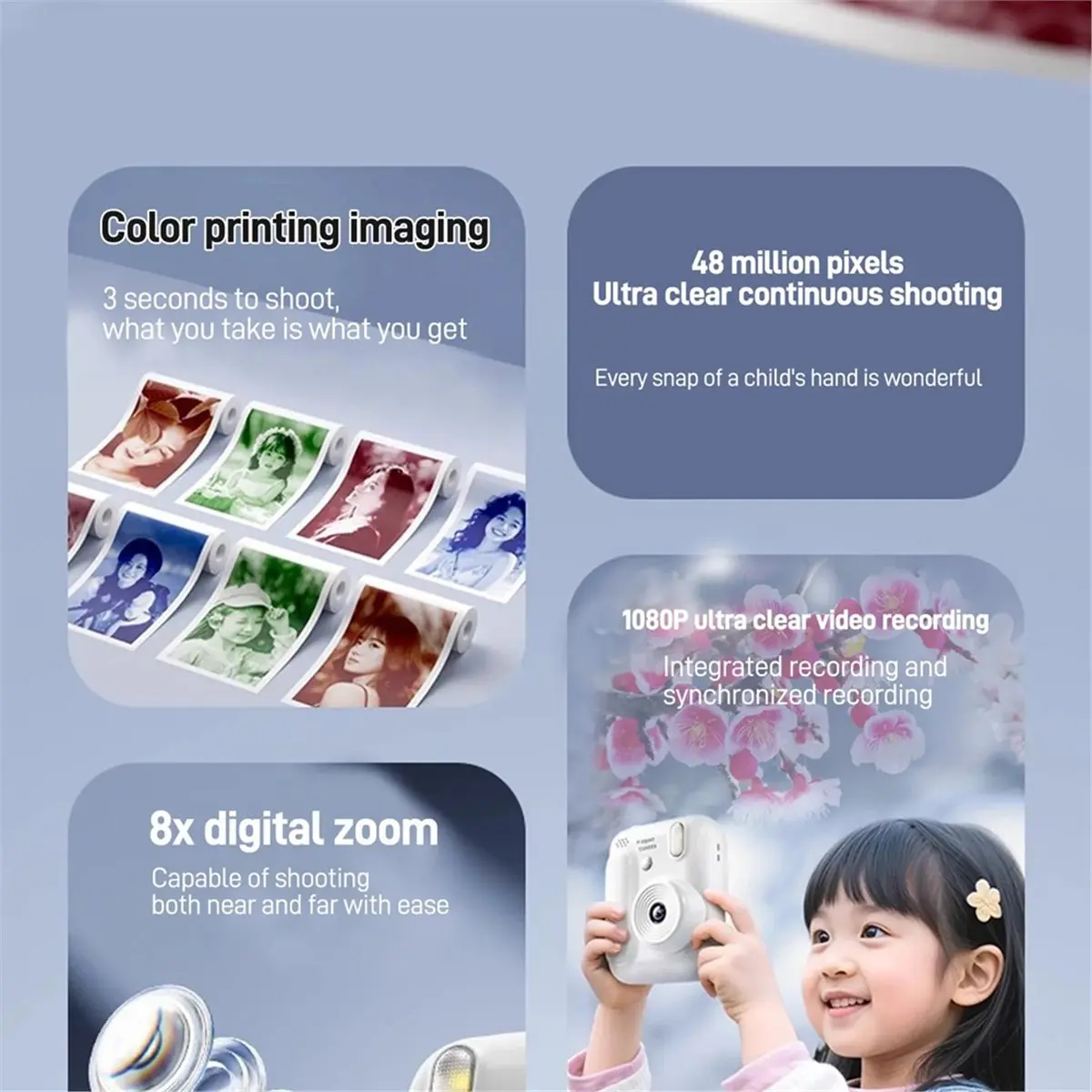 Appareil photo instantané pour enfants belog Kids Color, impression 5 couleurs, appareil photo thermique 1080P, jouet pour impri