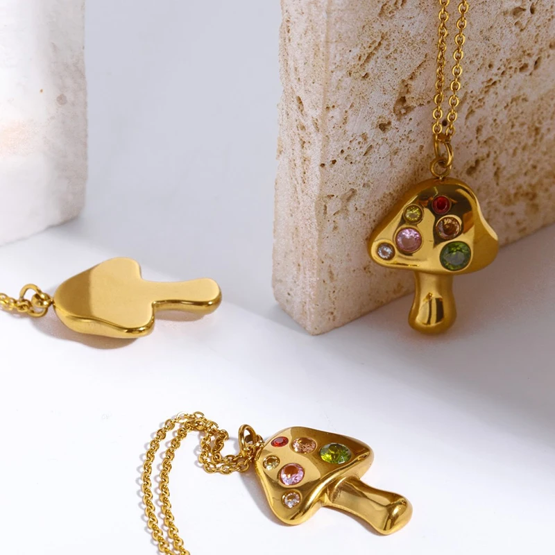 Stylish 18K Gold Plated Stainless Steel Colorful Cubic Zirconia Mushroom Pendant Necklace for Women Waterproof Jewelry Gift