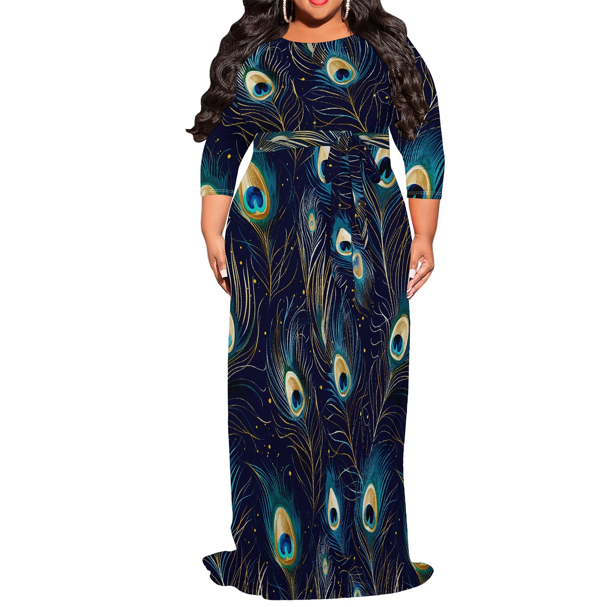 Plus Size Peacock Feather Print Long Sleeve Maxi Dress for Women Elegant  Casual Tunic Dress with Belt - AliExpress 200000345