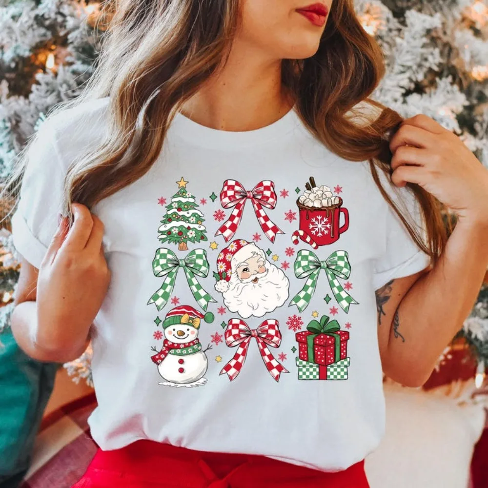 T-Shirt de fête de noël mignon élément de noël chemise arc bonhomme de neige père noël imprimé T-Shirt cadeau de noël femmes décontracté couverture en coton