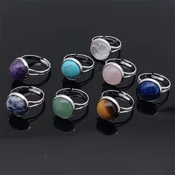 Healing Natural Stone Ring 12mm Round Tiger Eye Opal Pink Crystal Adjustable Joint Ring for Women Jewelry