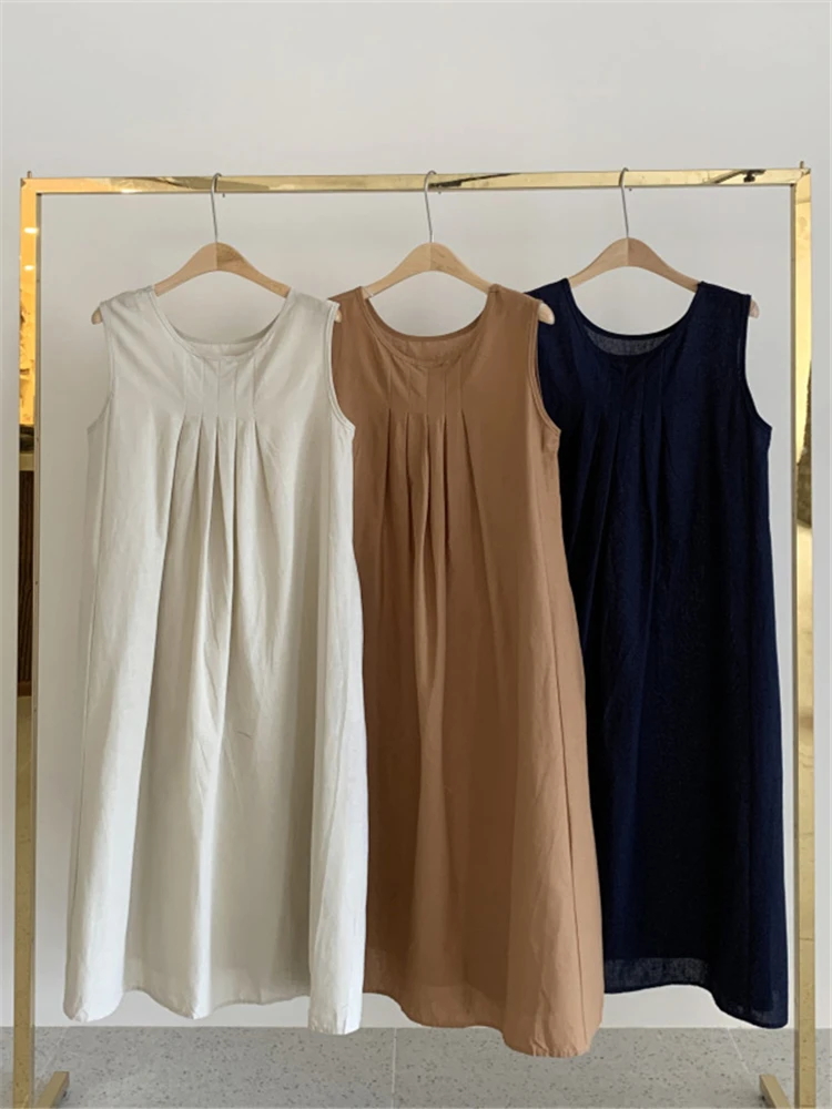 REALEFT Summer Bohemian Cotton Linen Women's Dresses Sleeveless High Waist New 2023 O-Neck Casual Loose Tank Dresses Female