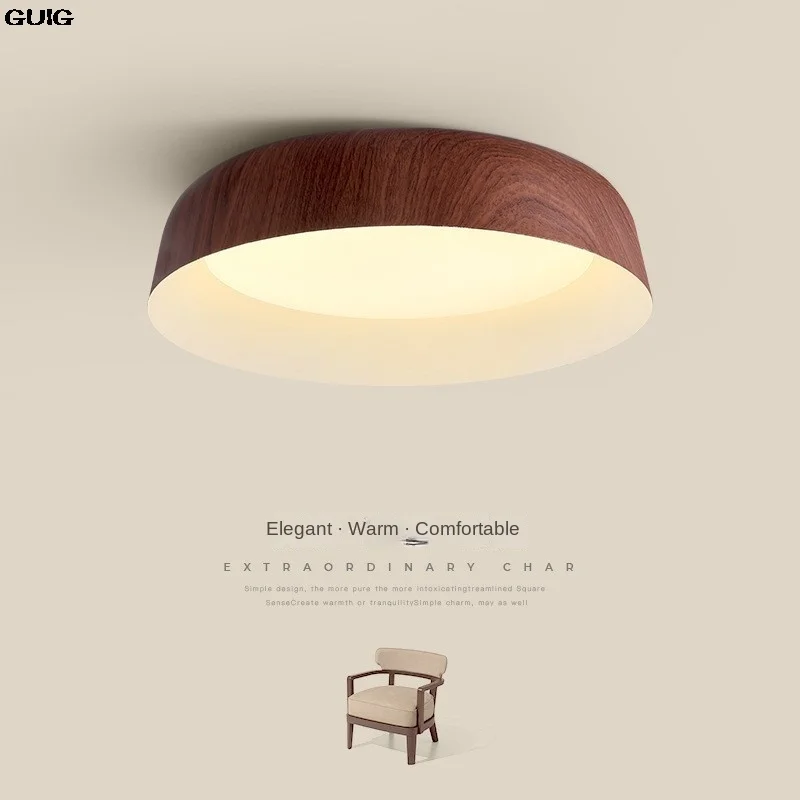 GUIG Bedroom Light Middle Walnut Wood Ceiling Light Japanese Wabi-Sabi Master Bedroom Light Simple Nordic Round Book Room Light