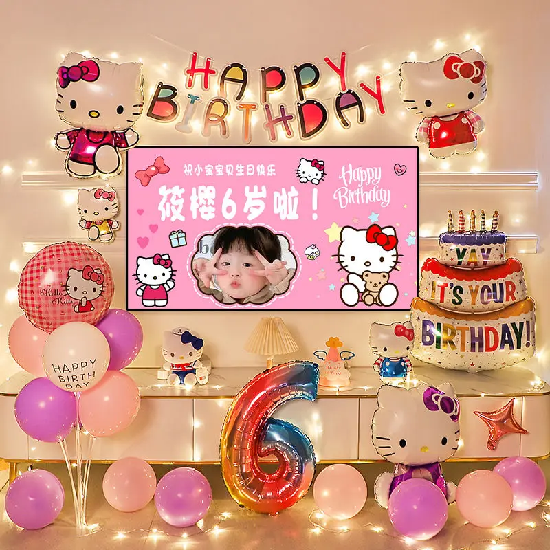 Hellokittys Theme Party Decoration Set, Balão de Feliz Aniversário, Suprimentos Divertidos, Decoração Colorida Kt Cat, Presente para Meninas e Crianças