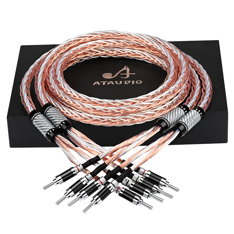 ATAUDIO One Pair Hifi Speaker Cable OCC and Silver Mixed With Banana Y Plugs Speaker Audio Cable for Amplifier Speaker Mixer