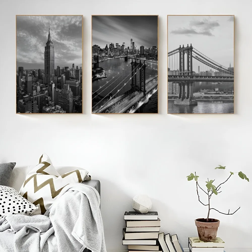 1PC New York Bridge City Blackand White  Poster Self-adhesive Art Waterproof Paper Sticker Coffee House Bar Room Wall Decor