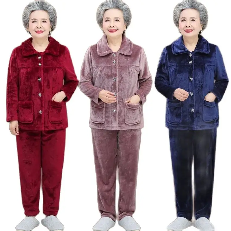 Elderly Grandma Pajamas Female Flannel Loose 2022 Autumn Winter Coral Fleece Winter Middle-Aged Elderly Mother Plus Velvet Suit