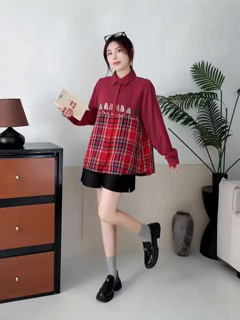 Japanese Mori Girl Vintage Plaid Embroidered Tree Cotton Shirts Women Autumn Turn Down Collar Long Sleeve Retro Loose Blouse Top