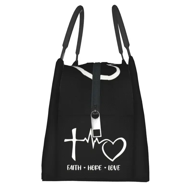 Great Faith Hope Love Heartbeat Thermal Insulated Lunch Bags Women Cross Crucifix Jesus Christ Church God Lord Lunch Food Box