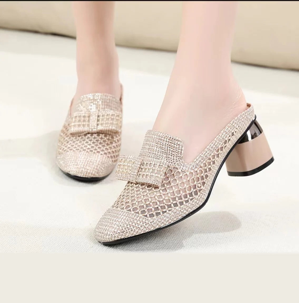 2024 summer new women's shoes half slippers Bao head hot drill net gauze thick with fashion hollow breathable slippers