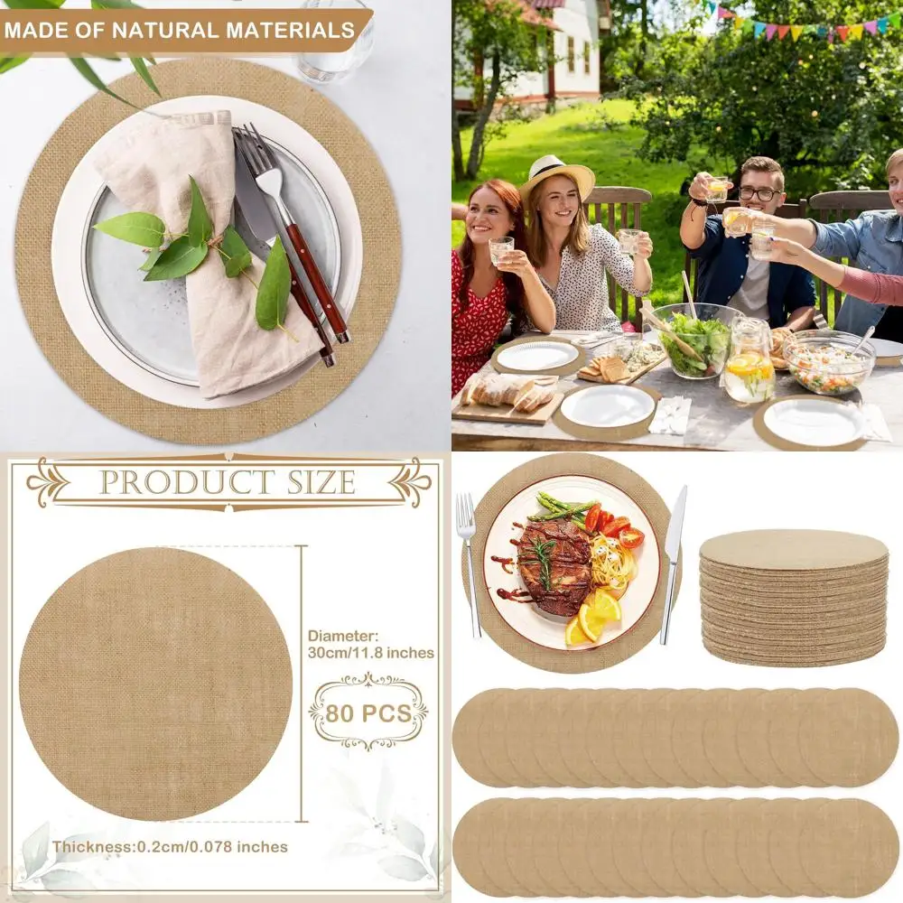 

Set of 80 11.8 Burlap Round Placemats - Jute Fall Table Mats, Reusable, Heat-Resistant for Rustic Farmhouse Dinners & Holiday De