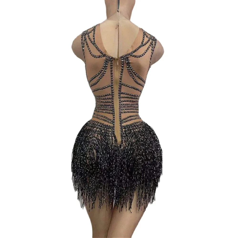 Zwarte Kwastje Strass Bodysuit Vrouwen Sprankelende Kristallen Outfit Party Latin Dance Club Stage Catwalk Show Kostuum
