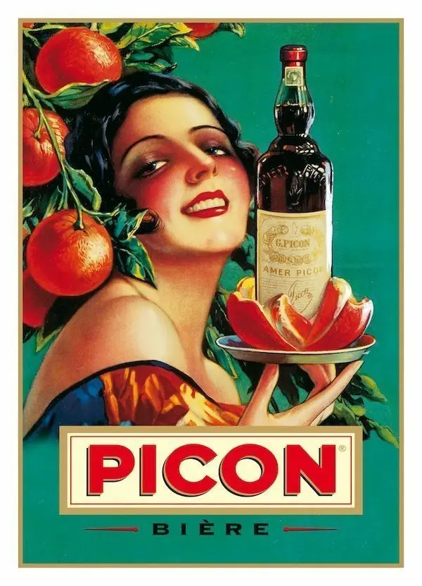 PICON AMER LIQUOR aperitivo para mujer, botella naranja, cartel de METAL, placa de pared