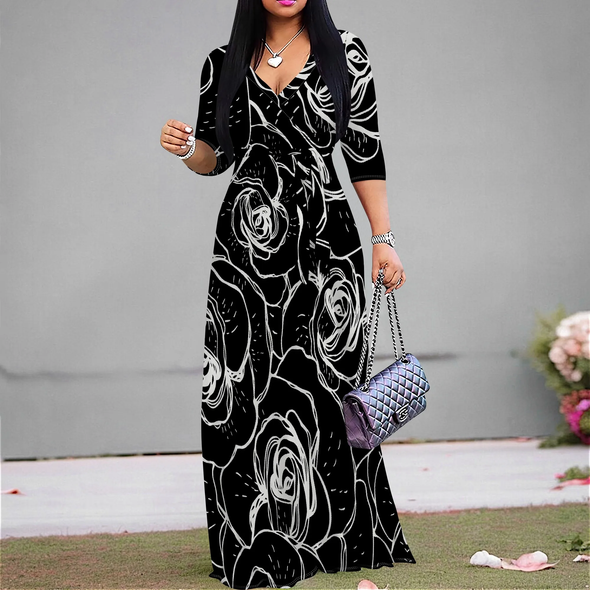 

Elegant Women's Wrap Maxi Dress V-Neck 3/4 Sleeve Black White Rose Print A-Line Long Dress for Party Office Wedding Guest S-3XL