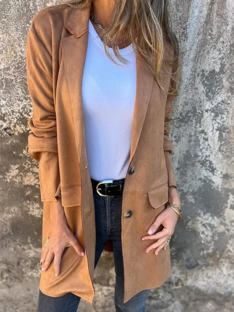 

Women Fashion Solid Long Suit Coat Long Sleeve Suit Collar Buttons Cardigan Jackets Female Autumn Winter Casual Office Lady Coat