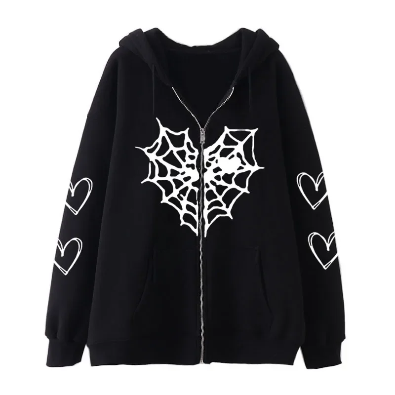 

Gothic Heart Cobweb Zipper Hoodies Jacket Fashion Hip Hop Women Men Loose Sweatshirt Autumn Zip Up Hoodie Trend Couples Clothes