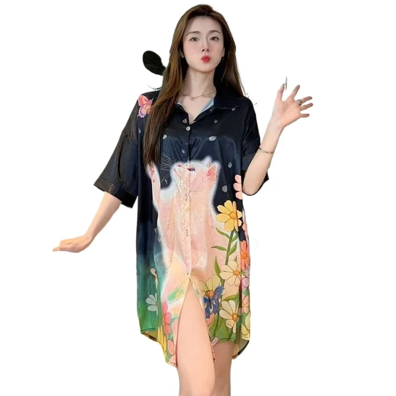 

New Summer Nightgown Women's Ice Silk Short-sleeved Shirt Thin Loose High-value Sexy Pure Lust Pajamas Loungewear Age Reduction