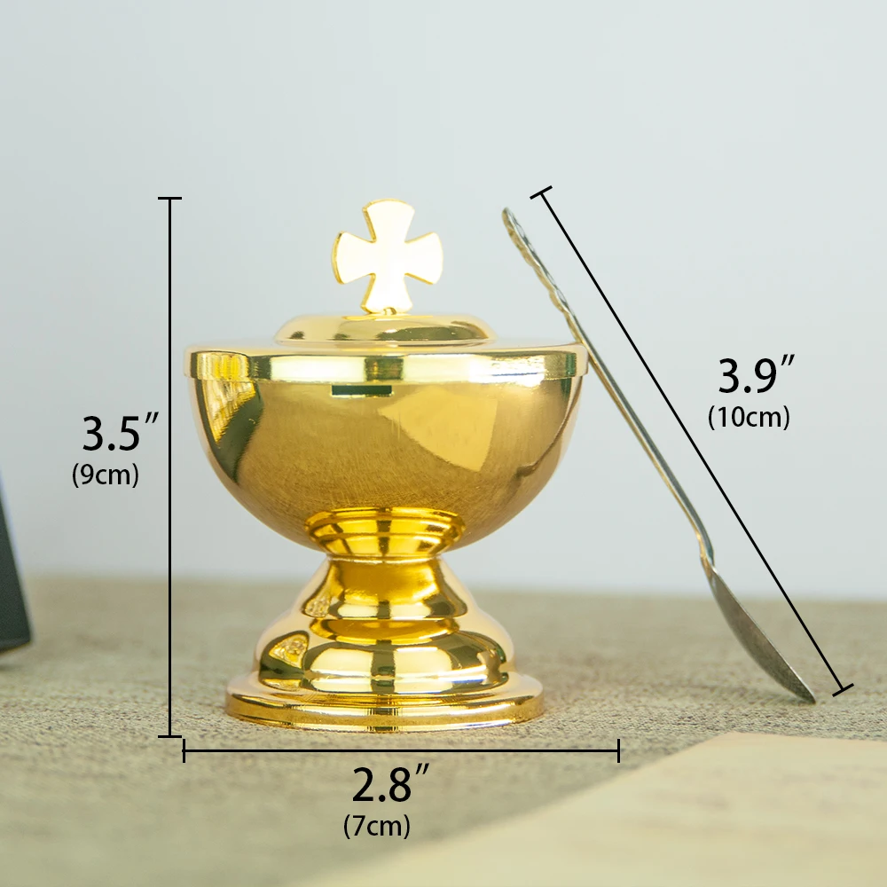 Smooth Gloss Gold Plated Orthodox Small Incense Container Cross Lid With Spoon Church Religious Liturgical Altar Worship Ritual