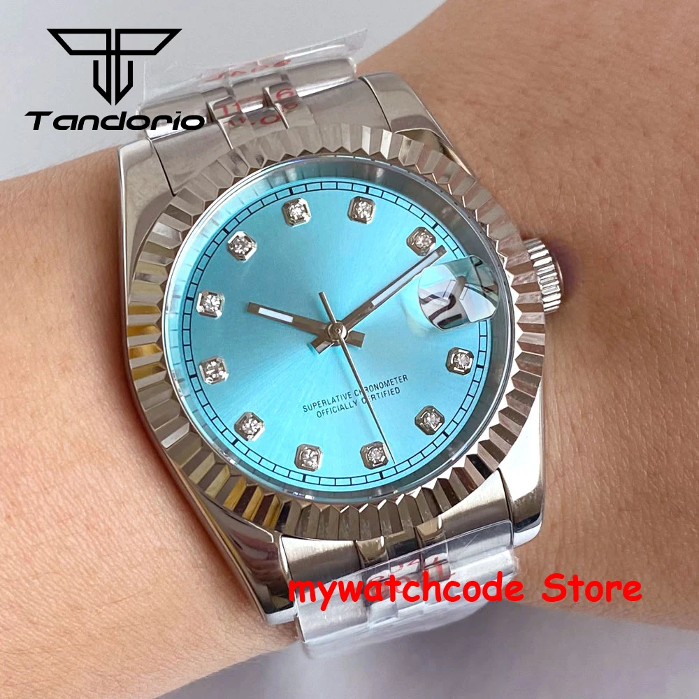 36mm Diving Automatic Men Watch Blue Silver Dial Diamond Index Japan NH35A Steel Bracelet Sapphire Glass Slide Buckle