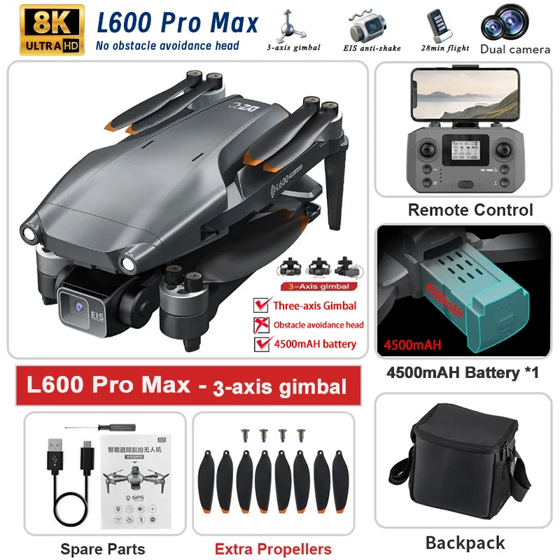 L600 PRO MAX Drone 4K Professional 3-Axis Gimbal HD Dual Camera 360° Obstacle Avoidance Brushless GPS Quadcopter FPV RC Dron Toy