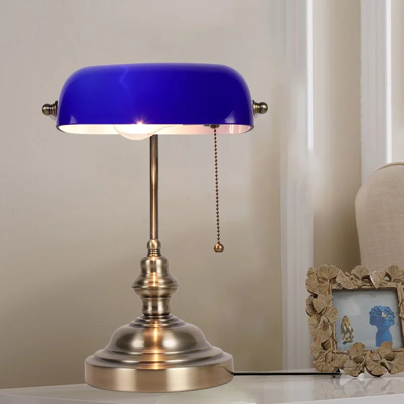 

Blue glass shade desk lamp classical retro E27 banker table lamp living room study library bedside lamp with zipper switch