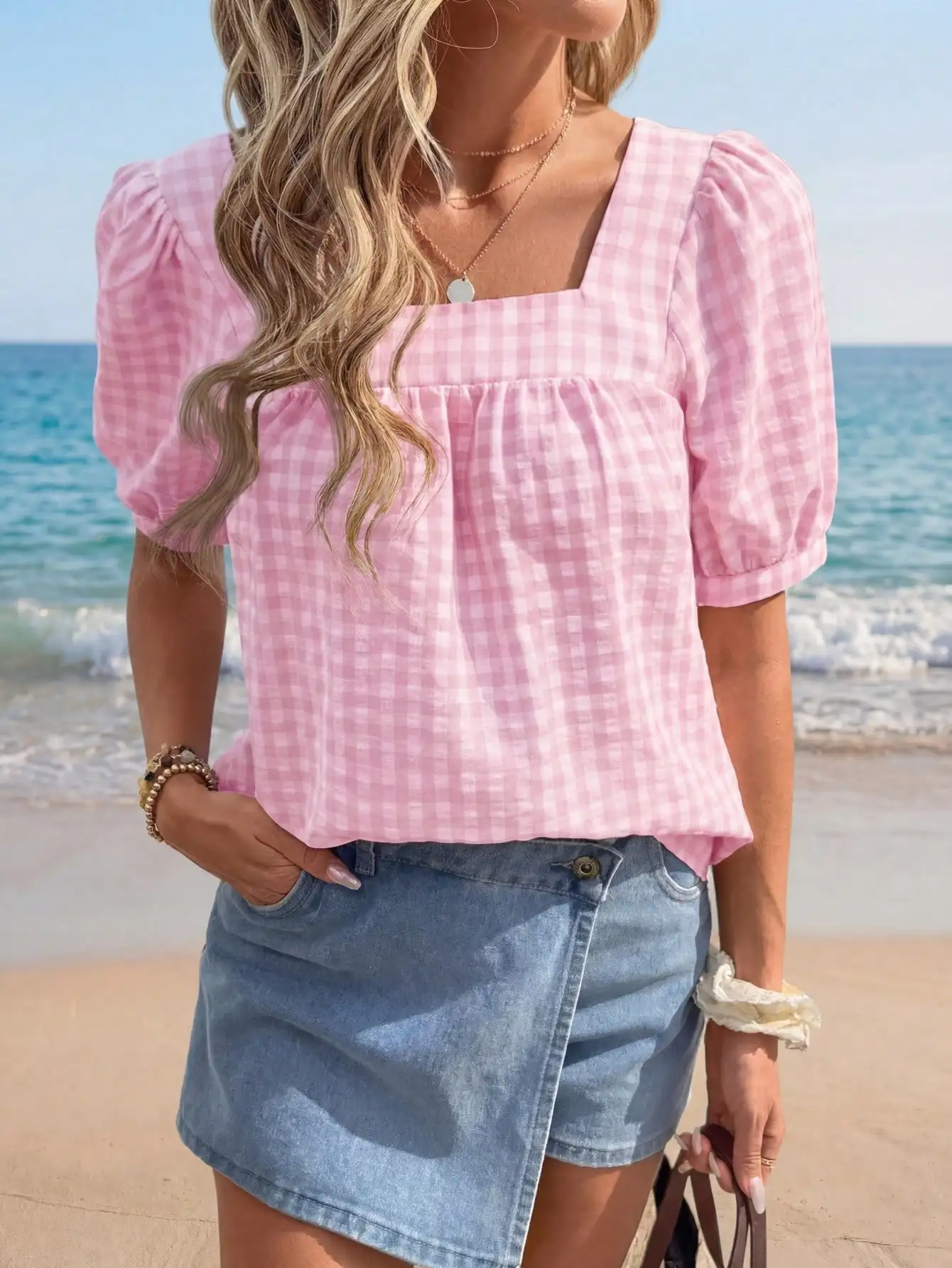 

Женская повседневная блузка с квадратным воротником и короткими рукавами в клетку, весна-лето