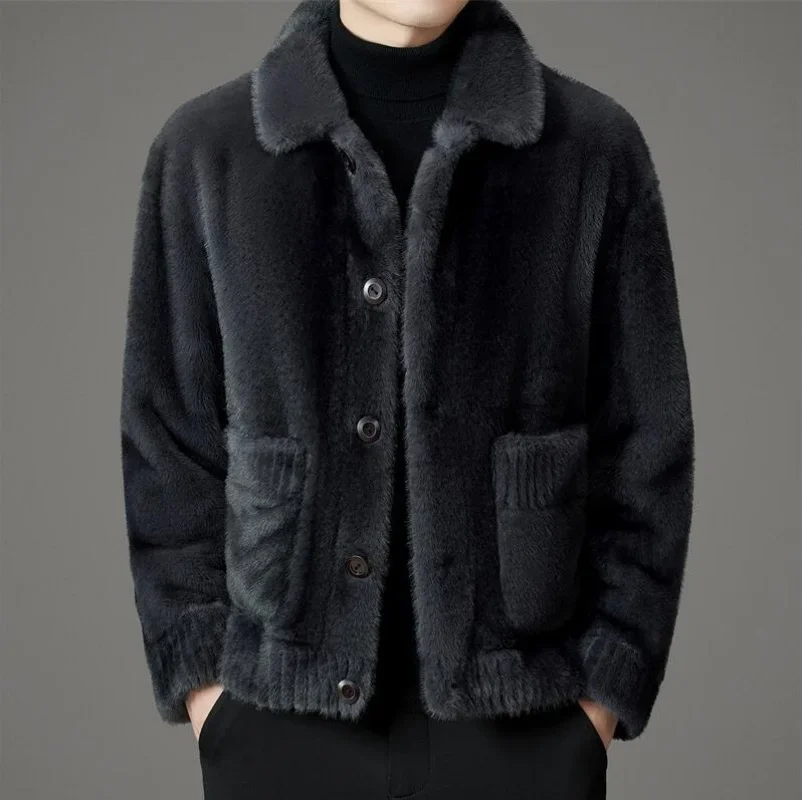 Manteau en fausse fourrure à capuche pour hommes, veste de luxe, vêtements de créateurs minces, veste à simple boutonnage, optique chaude, marque, hiver, 2024